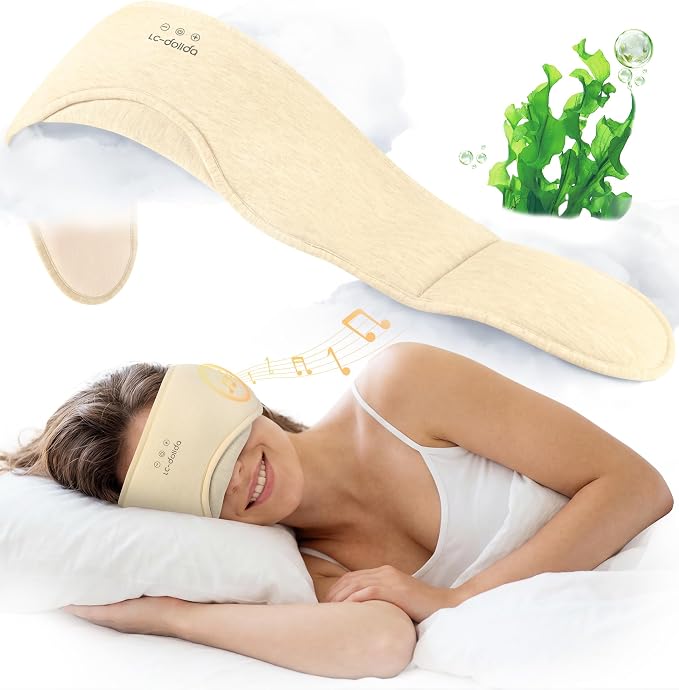 LC-dolida Sleep Masks with Bluetooth Headphones, Soft Seaweed Fiber Cotton Bluetooth Sleep Mask, Total Blackout Fully Wrapped Sleep Mask for Side Sleepers, Travel Meditation Gift, Nude
