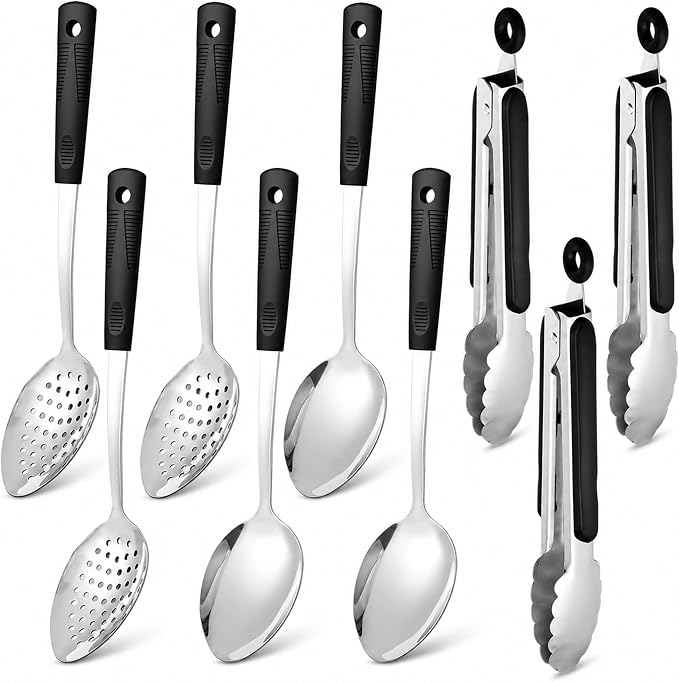 Buffet Serving Utensils Set, 9-Piece with Serving Spoons & Tongs | 3 serving spoons, 3 slotted spoons, and 3 tongs with heat-resistant silicone handles for buffet serving and entertaining.