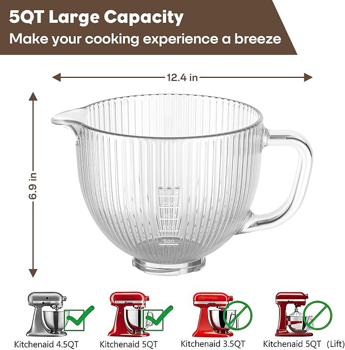 GVODE Glass Mixing Bowl for KitchenAid Stand Mixer, 5 Qt Handle Pour Spout | Fits 4.5-5 Qt Tilt-Head Mixers with Clear Glass, Handle, Pour Spout and Measurement Marks for Mixing, Measuring and Pouring