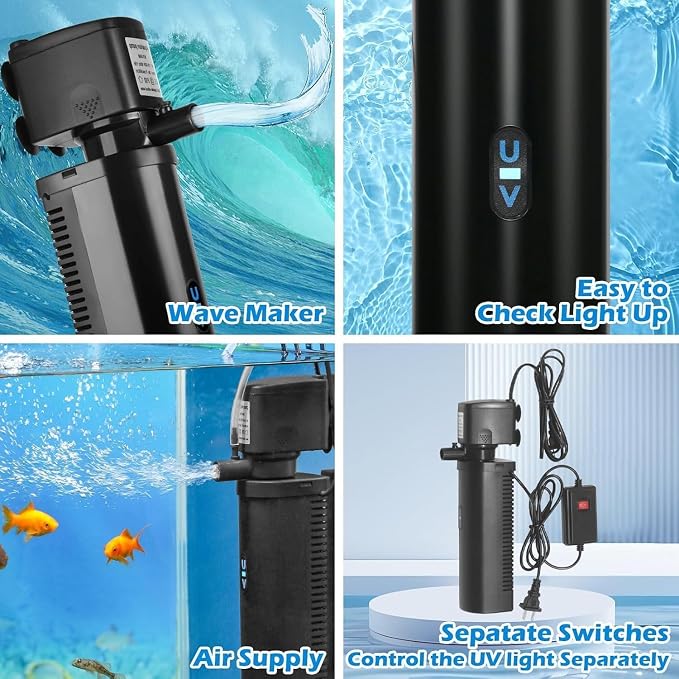 TARARIUM U-V Aquarium Filter for 75-200Gal Fish Tank Pond Pool, Dual Outlet | 2 Media Options Available + U-V, Green Killing, Internal Filter, Aeration, Deodorization, Saltwater Freshwater Clear, 423GPH