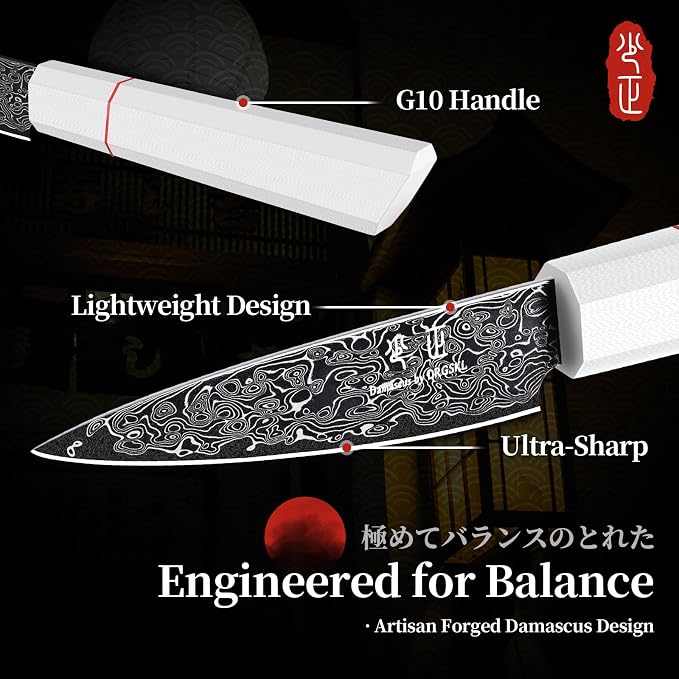 DRGSKL Damascus Fruit Knife 3.5 inch - VG10 Paring Knife with G10 Handle | Japanese VG10 Core, Black Anti-corrosion Coating, Damascus Blade, G10 Handle, Gift Box, Wet Edge Grinding Technology