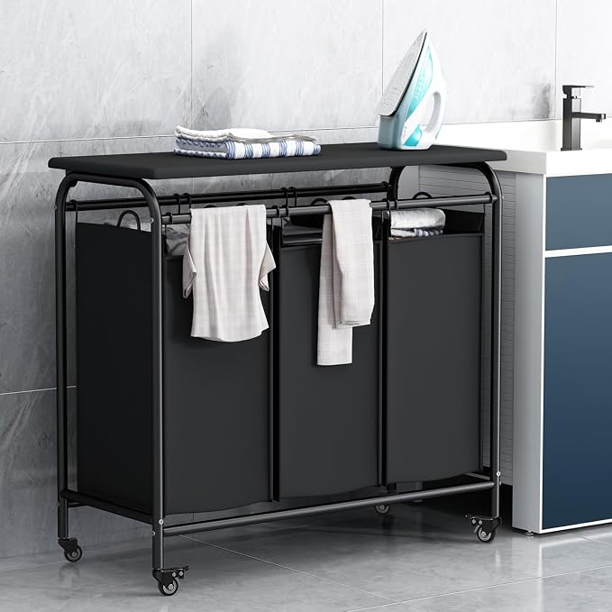 LINZINAR 3-Bag Laundry Hamper with Ironing Board, Black 135L Laundry Sorter | Laundry Room Organization with Heavy Duty Rolling Lockable Wheels and Removable Bag, Bedroom Laundry Cart for Clothes Storage