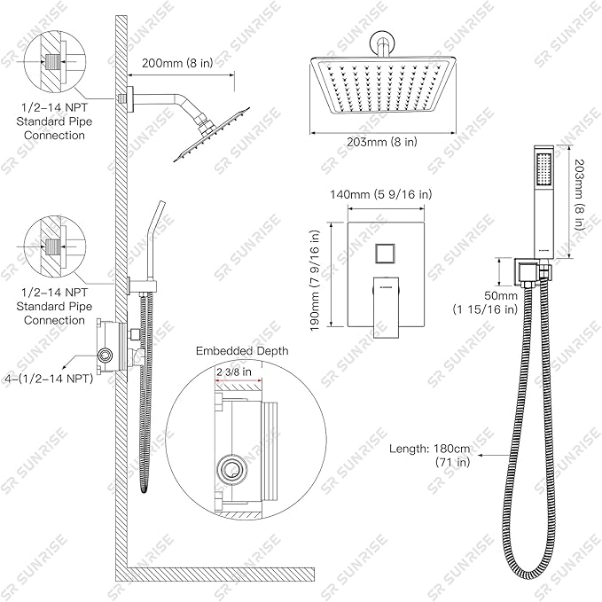 SR SUN RISE Shower System - Shower Faucet Set with 8 Inch Rain Shower Head and Handheld Shower - High Pressure Rain Shower System - All Metal Shower Faucet Trim Repair Kits - Polished Chrome