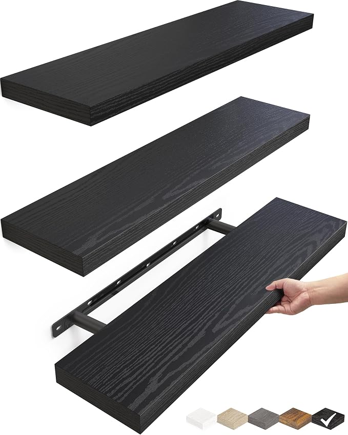 BAYKA Floating Shelves for Wall, Set of 3, 22.5 Inches Wall Mounted Rustic Wood Shelves for Bathroom, Bedroom, Living Room or Kitchen Decor, Storage for Books, Lego, Plants, Daily Necessities, Black