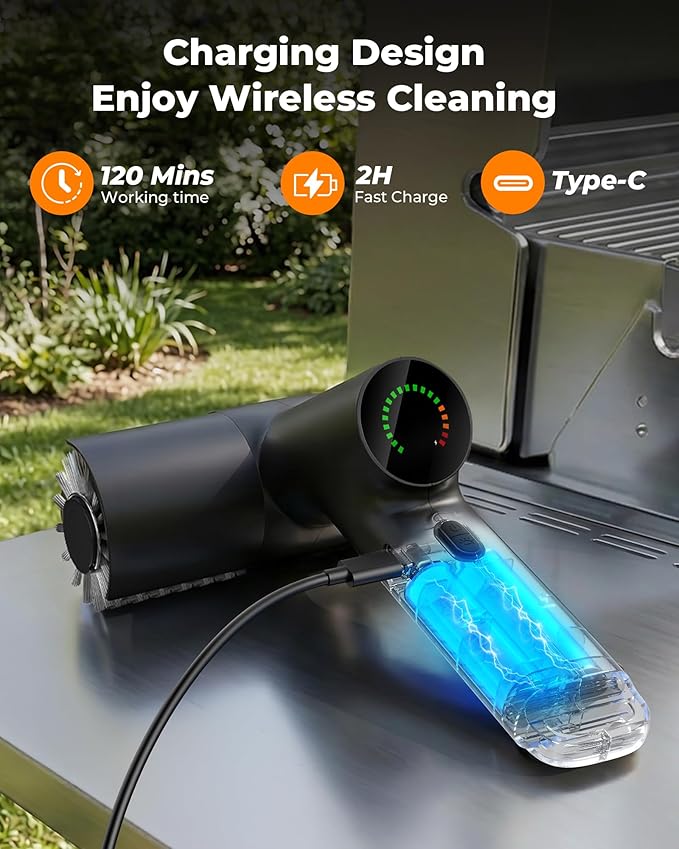 Electric Grill Brush, 3-Speed Cordless Rechargeable High Torque Grill Cleaner with LED Light, Waterproof Anti-Shedding SS Bristle BBQ Grill Brush for Outdoor Grill Safe for Porcelain Cast