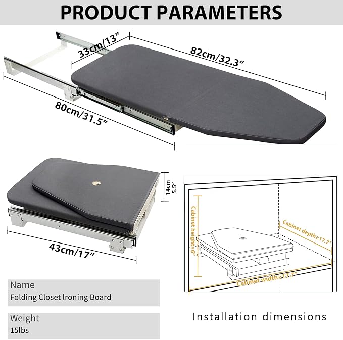 AKOZLIN Retractable Pull Out Ironing Board Closet Sliding Out Swivel Iron Board Mounted in Drawer with Heat Resistant Ironing Cover, Board Size: 31.88"*13", Gray