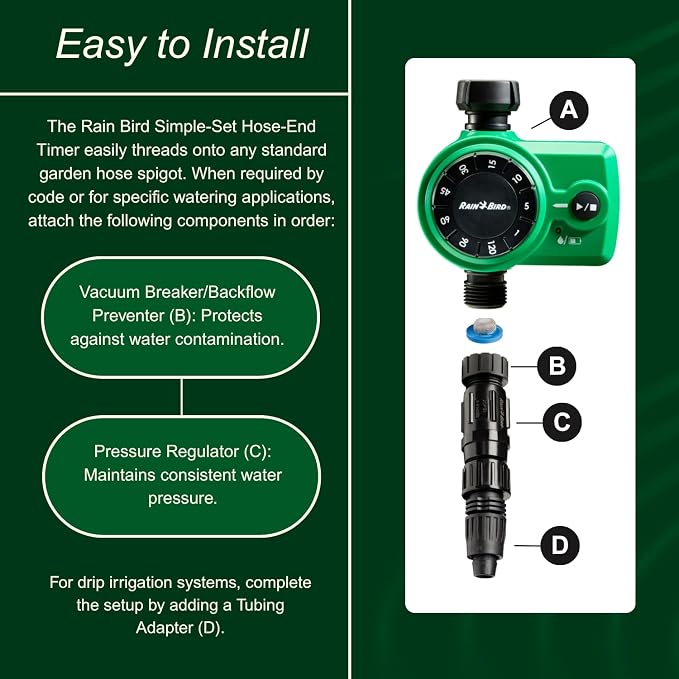 Rain Bird 1ZEHTMRS Simple-Set Hose End Timer, One Zone/Station, Battery Operated, 3/4" Garden Hose Thread, Heavy-Duty Brass Inlet, Dial with Brass Inlet