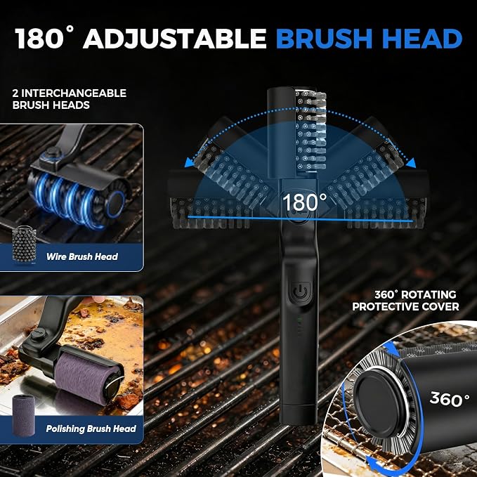 Cordless Electric Grill Brush, 2026 New Upgraded 3-Speed Rechargeable BBQ Cleaner with Stainless Steel Bristles, Non-Scratch Safe for Gas, Porcelain & Cast Iron Grills, Heavy Duty Grill Cleaning Tool