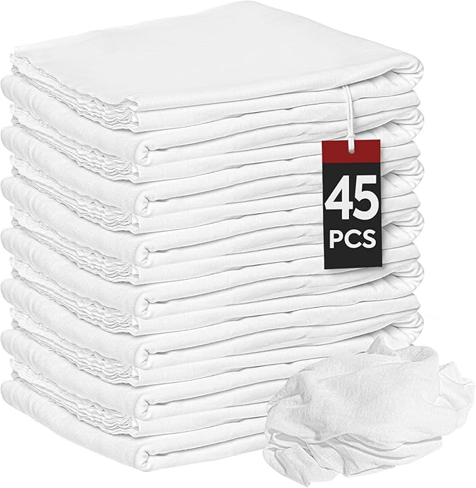 Nabob Wipers New Lint Free Cloth (45 Pack) - 100% Cotton Cleaning Rags Exact Cut - Premium White Rags for Cleaning House - White Rags for Dusting, Staining, Polishing, Painting 18"x18"