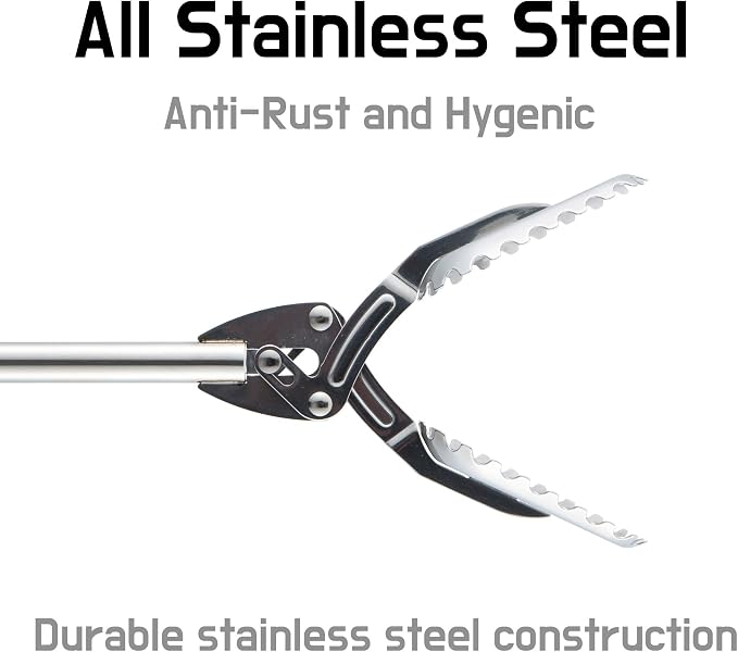 FTH Stainless Steel Grabber Reacher Pickup Tool Heavy Duty Trash Picker 31" | Log BBQ fireplace pits snake tongs plogging tool no wire design outdoor yard cleanup litter picker leaves branches sticks