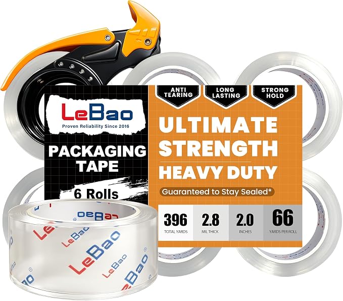 Heavy-Duty Packaging Tape with Dispenser, 6 Rolls Packing Tape, 2 inch x 66 yd. x 2.8 mil per roll, Strong Adhesive HD Clear Package Tape for Pack Boxes Shipping Supplies Moving