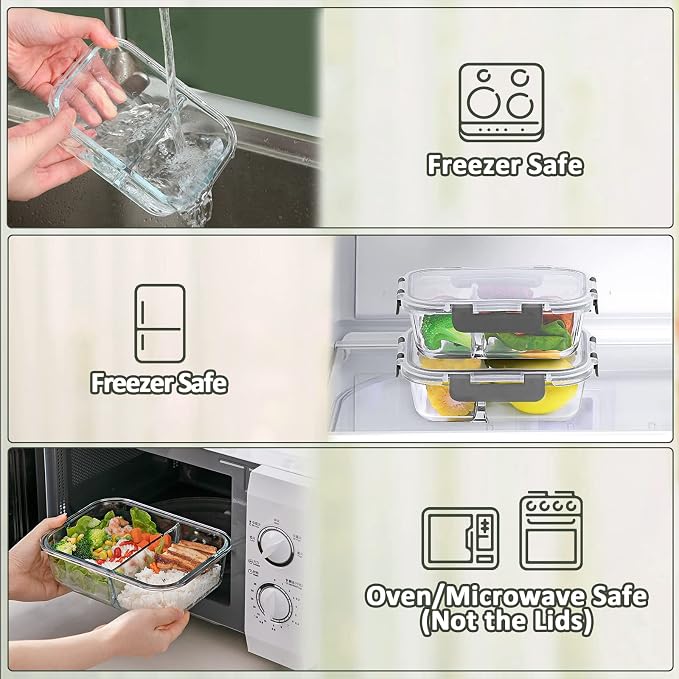 M MCIRCO 10-Pack,30 Oz Glass Meal Prep Containers 2 Compartments Airtight Lunch Bento Boxes with Lids, Glass Food Storage Containers, Microwave, Oven, Freezer, Dishwasher