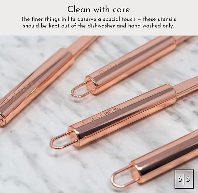 Copper Cooking Utensils Set – 5-Piece Rose Gold Stainless Steel Kitchen Tools for Cooking and Serving Includes Ladle, Spoon, Pasta Fork, Spatula, and Skimmer – Stylish Copper Kitchen Accessories
