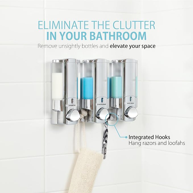 Better Living Aviva Wall Mount Shower Dispenser, 3 x 11oz, Chrome | 3 Chamber, Wall Mount Shower Soap Pump Dispenser, Built-in Hooks, No Drill, Waterproof Shampoo Soap Dispenser