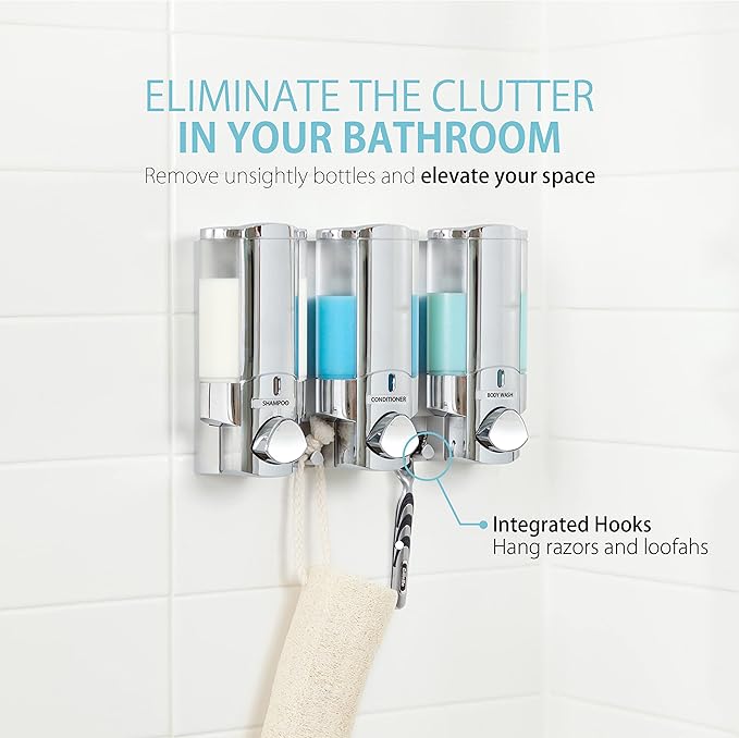 Better Living Aviva Shower Dispenser 3 Chamber,Wall Mount Shower Soap Pump Dispenser for Bathroom Hotel Body Wash,Built-in Hooks,No Drill,Waterproof Shampoo SoapDispenser 3 x 11 oz,Chrome (Pack of 6)
