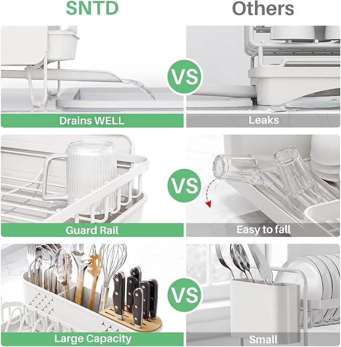SNTD Dish Drying Rack - Large Dish Racks for Kitchen Counter, Expandable Dish Drainers with Cutlery Holder Stainless Steel Rustproof (White)