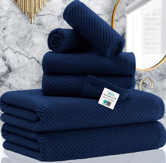 VOOVA & MOVAS 6PC Towel Set, 100% Cotton, Navy Blue | 2 Large Bath 30x56 In, 2 Hand 18x28 In, 2 Washcloths 13x13 In, Quick Dry, Thick, Soft, Quick Dry Towel For Shower