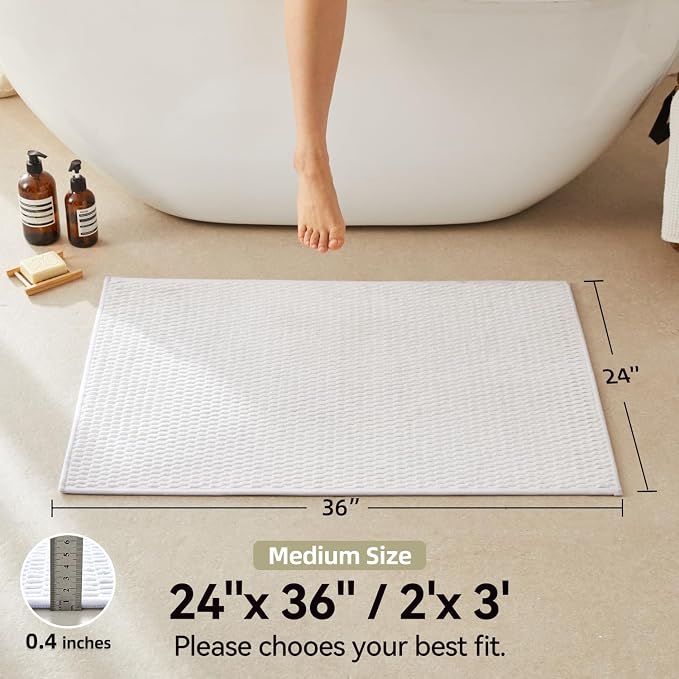 Triohero Bathroom Rugs Non Slip Washable, Super Absorbent Thin Bath Mat Quick Dry Low Pile Bathroom Rug, White 24"x36"