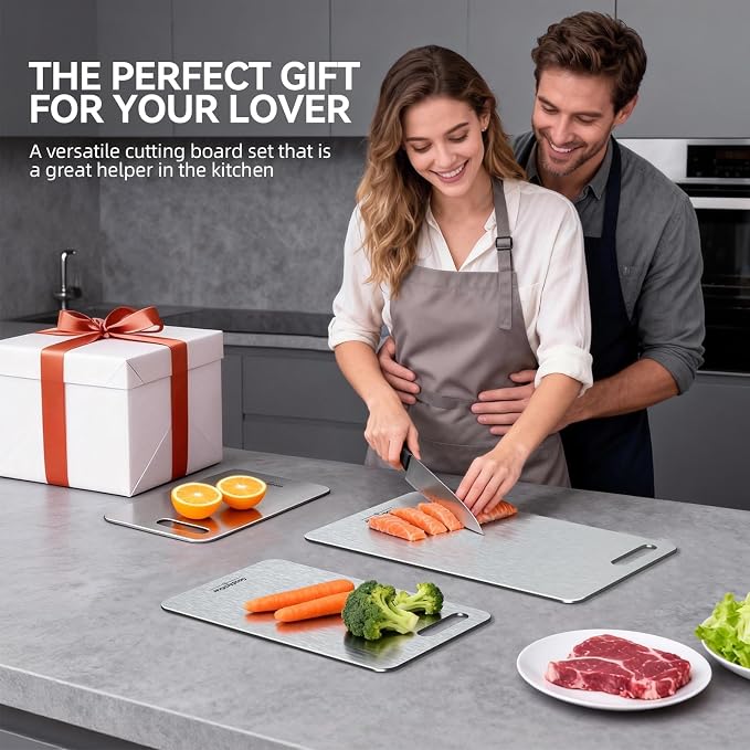 100% Pure Titanium Cutting Board for Kitchen Double-Sided Non-Toxic Titanium Cutting Board with Handle, Dishwasher Safe Chopping Board for Meat, Vegetables & Fruits, Cutting Board Set in S/M/L Sizes