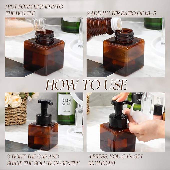 Domensi Foaming Soap Dispenser 8.5 oz Foam Pump Bottle Bulk Empty Travel Foaming Dispenser Refillable Hand Soap Plastic Pump Bottle Travel Clear Container for Bathroom Vanities(12 Pcs,Brown)