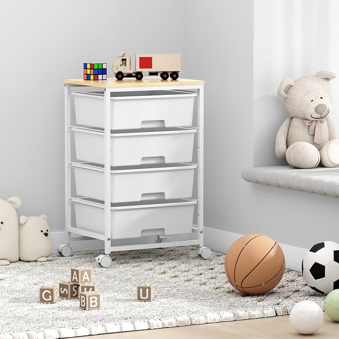 SYKIARIOL Utility Cart with 4 Drawers, Multipurpose Rolling Storage Cart with 4 Drawers and 2 Lockable Wheels, 4-Tier Rolling Storage Cart Organizer for Home Office Dorm, Bright White
