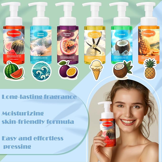 6 Pack Summer Foaming Hand Soap with Pump Care Moisturizing Liquid Scented Gentle Foam Hand Wash Employee Thank You Gift Bulk for Kitchen Bathroom Family Teacher Staff Doctor 8.75 Fl. oz
