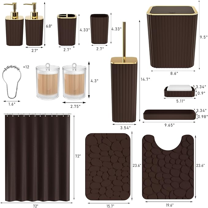 XLHOMO Bathroom Accessories Set - 25PC Brown Bathroom Sets with Shower Curtain and Rugs, Bathroom Accessory Set, Brown Shower Curtain Set, Trash Can, Qtip Holder Dispenser & Soap Dispenser