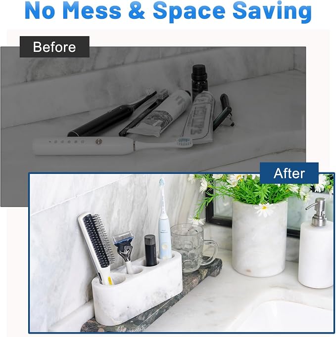 BCS Toothbrush Holder for Bathrooms, 4 Slots Marble Toothbrush and Toothpaste Holder Stand Bathroom Organizer Countertop for Electric Toothbrush, Floss, Razor, Comb(Grey)