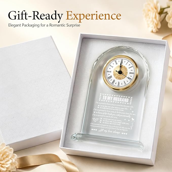 Crystal Glass Clock Gifts for Husband from Wife Romantic Birthday Home Decorations Wedding Anniversary Valentines Day Fathers Day Gift (Battery not Included)