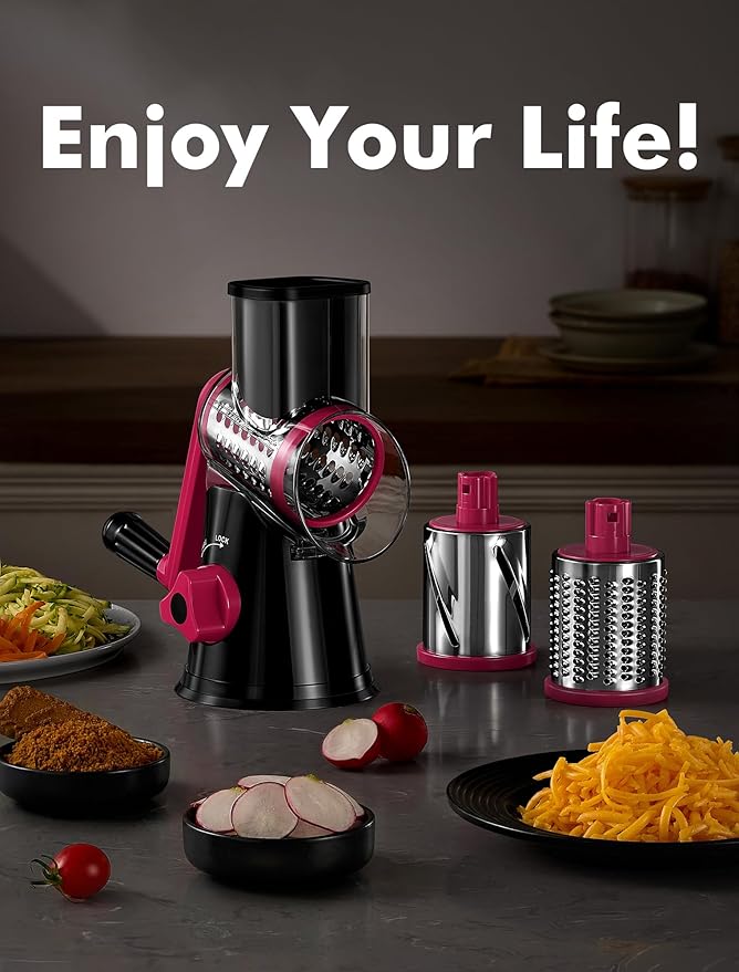 Cheese Grater Rotary, Rotary Grater for Kitchen, Kitchen Vegetable Slicer with 3 Drum Blades, Fast Cutting Cheese Shredder for Vegetables and Nuts (Black+Rosy, 3 BLADES)