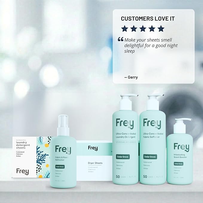 FREY The Complete Package - Concentrated Liquid Laundry Detergent, Fabric Softener, & Dryer Sheets (Cedar Grove)