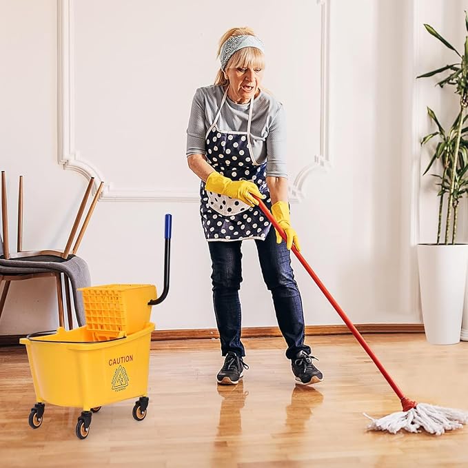 Mop Bucket, Commercial Bucket for Mopping on Wheels with Potable Handle, Mop Bucket with Wringer for Home, Household, Office, Bathroom, Yellow (34 Quarts)