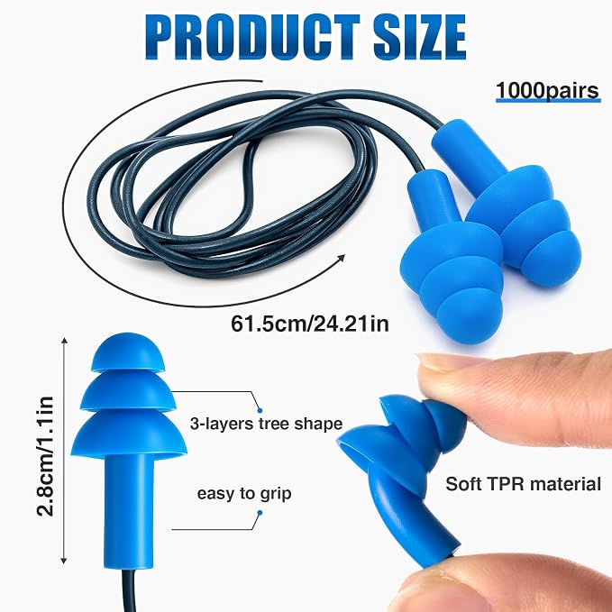 Blulu 1000 Pair Metal Detectable TPR Corded Ear Plugs Bulk Blue Disposable Earplugs with Detectable String Noise Cancelling Sound Blocking for Food Services Industry Pharmaceutical Pulp and Paper