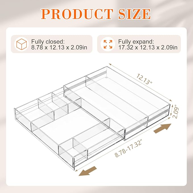 Briwooody Acrylic Drawer Organizer Clear Desk Drawer Organizer Trays with Adjustable Compartments Desk Accessories for Office Stationery Makeup Silverware Bathroom (Expandable Style 2)