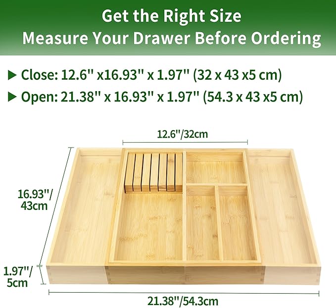 VaeFae Bamboo Silverware Drawer Organizer Kitchen, Expandable Utensil Organizer with Knife Block, Cutlery Tray with Divider, Multifunctional Drawer Organizer