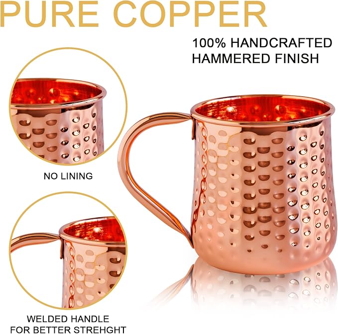 UNISWEET Moscow Mule Pure Copper Mugs - Set of 4-100% Pure Copper Hammered coffee cup, Perfect For Wine, Beer, Cold Drink, Bar, Party, Gifts (Big Belly Copper Mugs)