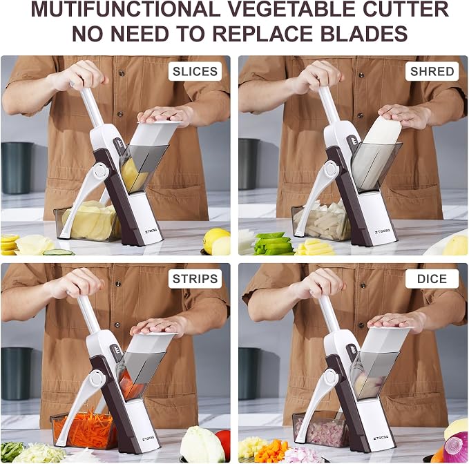 Safe Mandoline Slicer for Kitchen, Safe Vegetable Chopper with Paring Knife, Adjustable Thickness, Easy to Clean, Vegetable Slicer, Slicing, Strips, Shredding, Dicing, Chop (Brown)