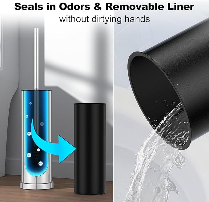 Silver Toilet Brush and Holder Set，Stainless Steel Heavy Duty Toilet Bowl Brush，Extra Long Handled Modern Toilet Cleaner Brush with Replaceable Head, Removable Inner Bowl, and Splash Protection