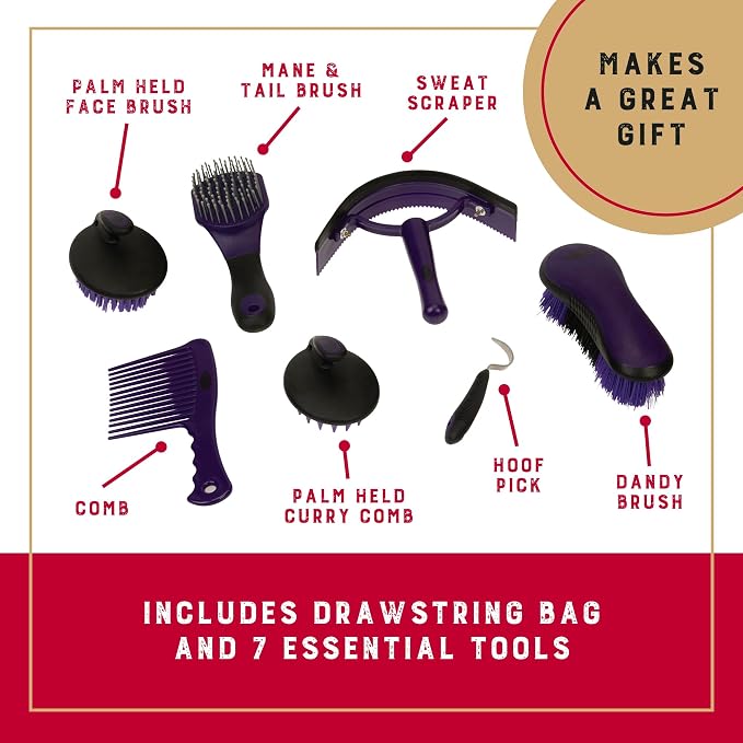Weaver Equine Horse Grooming Kit, 7-Piece Horse Brush Set with Organizer Tote Bag, Hoof Pick, Comb, Sweat Scraper, Equine Tools for Daily Grooming, Purple Geo