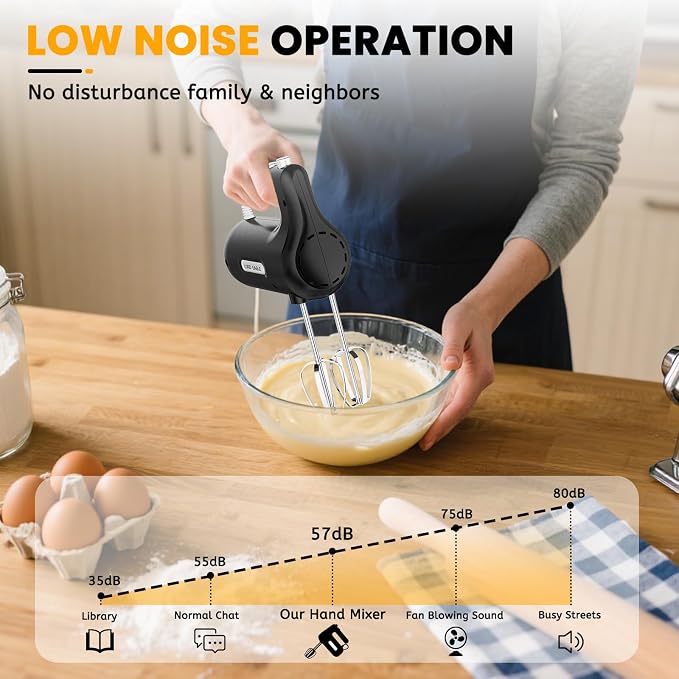 Lord Eagle 5-Speed Hand Mixer Electric, 300W Compact Handheld Mixer, Portable Kitchen Egg Beater with 5 Attachments & Storage Bag, Cake Supplies for Bread Dough Baking, Lightweight, Black