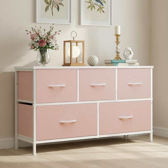 OLIXIS Pink Dresser for Girls Bedroom, Wide Dresser for Closet, 5 Drawers | Closet Organizers and Storage with Bins, Fabric Chest of Drawers for Clothes Storage, Wooden Top, Living Room