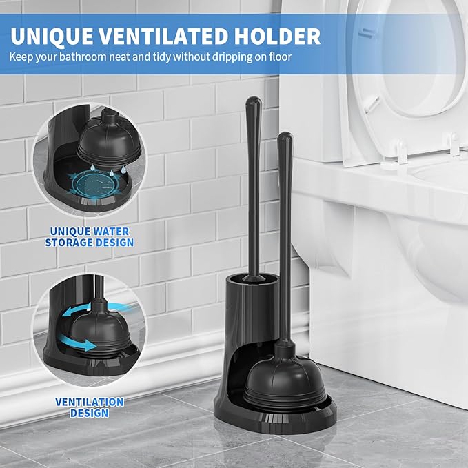 Toilet Plunger and Brush,2 Pack Bowl Brush and Heavy Duty Toilet Plunger Set with Holder, 2-in-1 Bathroom Cleaning Combo with Modern Caddy Stand for 5.7-inch Toilet Drain Bathroom Cleaning