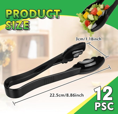 12 Pack Plastic Tongs for Serving, 9 Inch Heavy Duty Hard Plastic Serving Tongs with Scalloped Tips, Reusable or Disposable Serving Utensils for Buffets, BBQ, Bakery, Parties & Catering