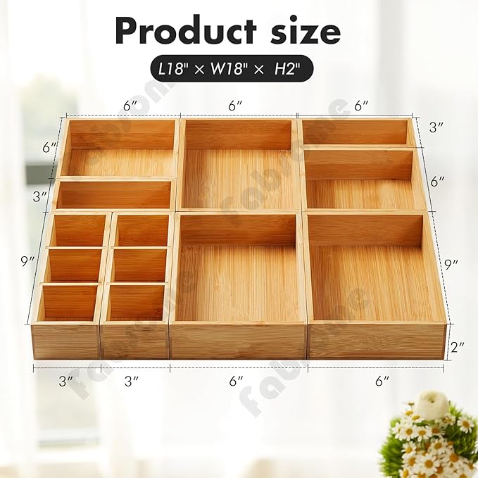 Fabsome Drawer Organizer, Set of 9 Bamboo Wood Kitchen Makeup Desk Junk Tea Drawer Storage Boxes Bins for Cutlery Silverware Utensils Flatware, Small Wooden Container Tray for Bathroom, Office
