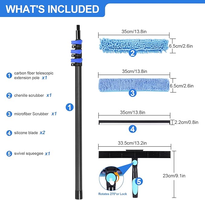 DOBEN 12-Foot Carbon Fiber Window Cleaner Tool with Telescopic Extension Pole, Rotating Scrubber & Squeegee - Sturdy Lightweight Design for Indoor/Outdoor Glass Cleaning