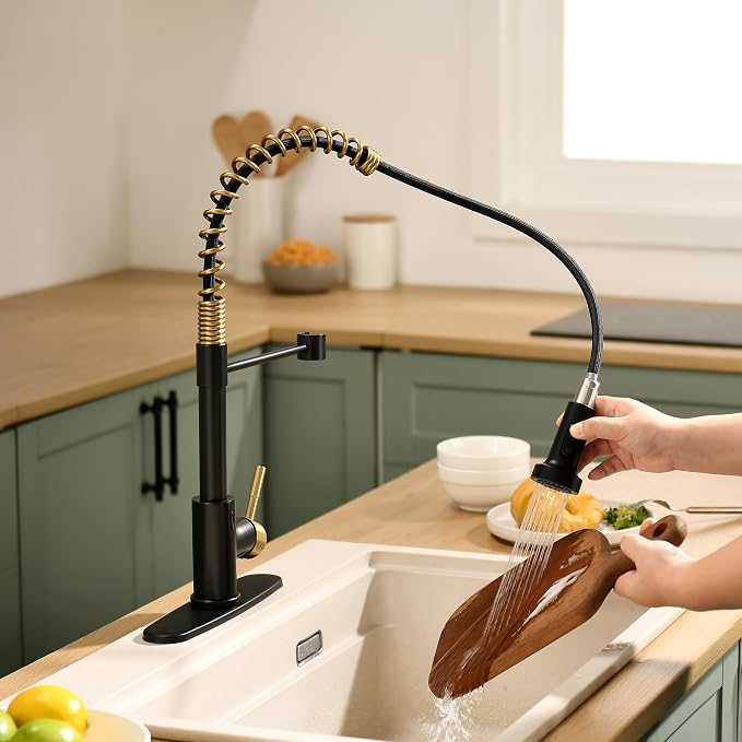 GIMILI Black and Gold Touchless Kitchen Faucet with AC Adapter, Smart Motion Sensor Hands Free Single Handle Kitchen Sink Faucet with Pull Down Sprayer