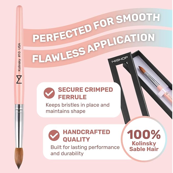 Majesti Pink Acrylic Nail Brush - Professional Kolinsky Acrylic Nail Brush- Handcrafted Nail Tool Supplies - Long Lasting, Professional Nail Art - Comes in 6 Sizes