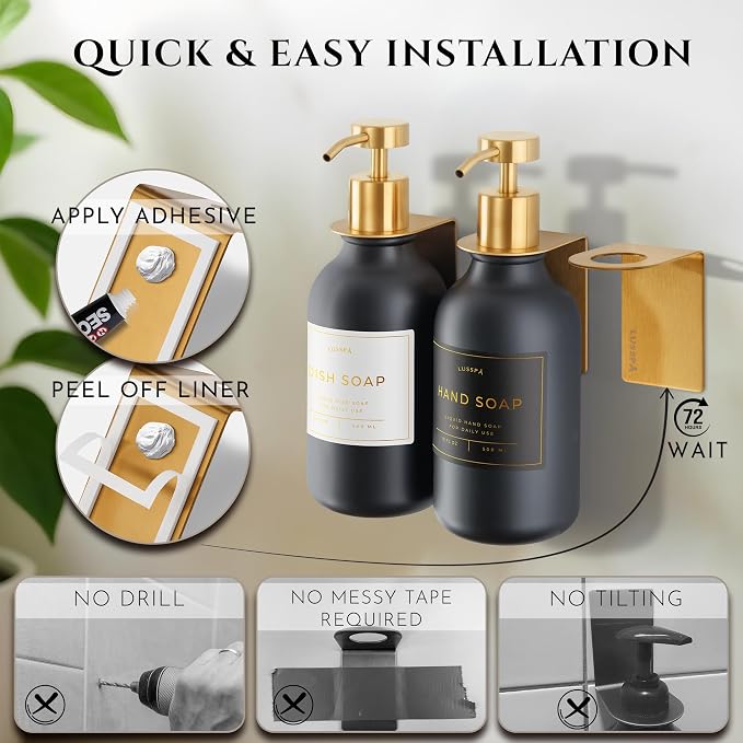 Shower Shampoo Dispenser Wall Mounted – 3 Refillable 16.9 oz Black Bottles with Stainless Steel Pumps & No-Drill Adhesive Holders – Soap Dispenser Set for Bathroom (3 X Black/Gold)