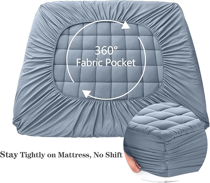 EASELAND Full Size Mattress Pad Pillow Top Mattress Topper Cotton Top | 8-21" Deep Pocket Cooling Mattress Cover/Protector 54x75 Inches Dusty Blue, Boxing Quilted & Machine Washable