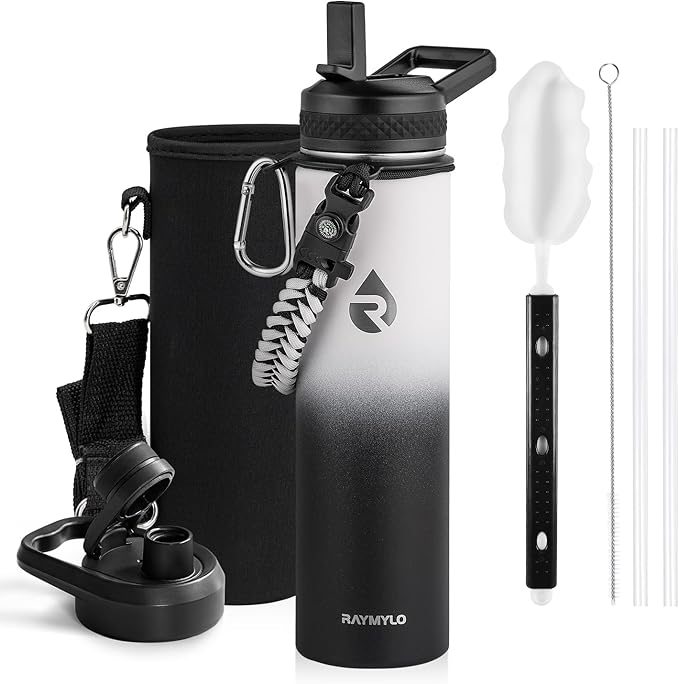 RAYMYLO Insulated Water Bottle 24 oz, Triple Wall Vacuum Stainless Steel (Cold for 24Hrs, Hot for 12Hrs), Leak Proof & Non-BPA, Modern Water Flask Jug with Paracord Handle & Straw Spout Lids